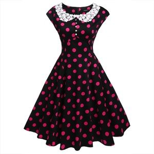 Acevog Vintage Style Lace Trim Polka Dot Flare Dress
